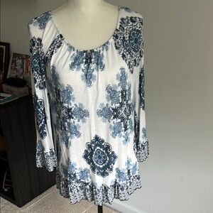 Blue and White Ruffled Tunic with Relaxed Fit